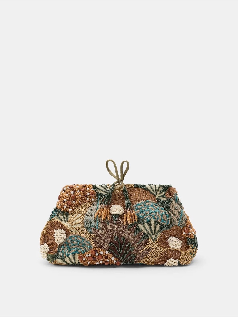 Zara Beaded Floral Clutch in Brown, Teal & Cream